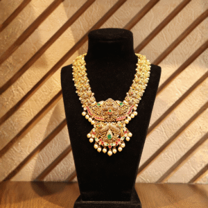 Traditional Antique Gold Temple Necklace with Ruby, Emerald & Pearl Drops