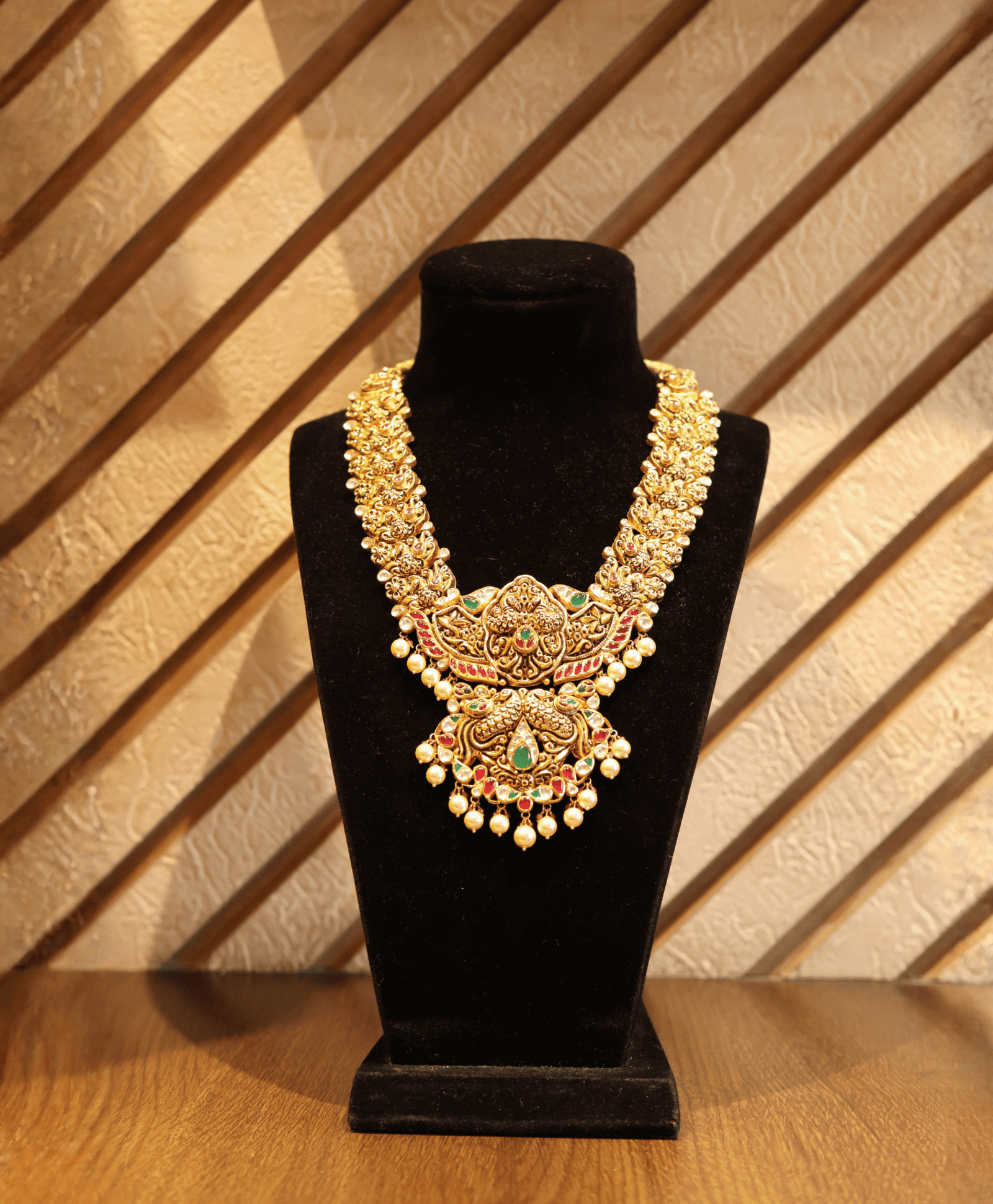 Traditional Antique Gold Temple Necklace with Ruby, Emerald & Pearl Drops
