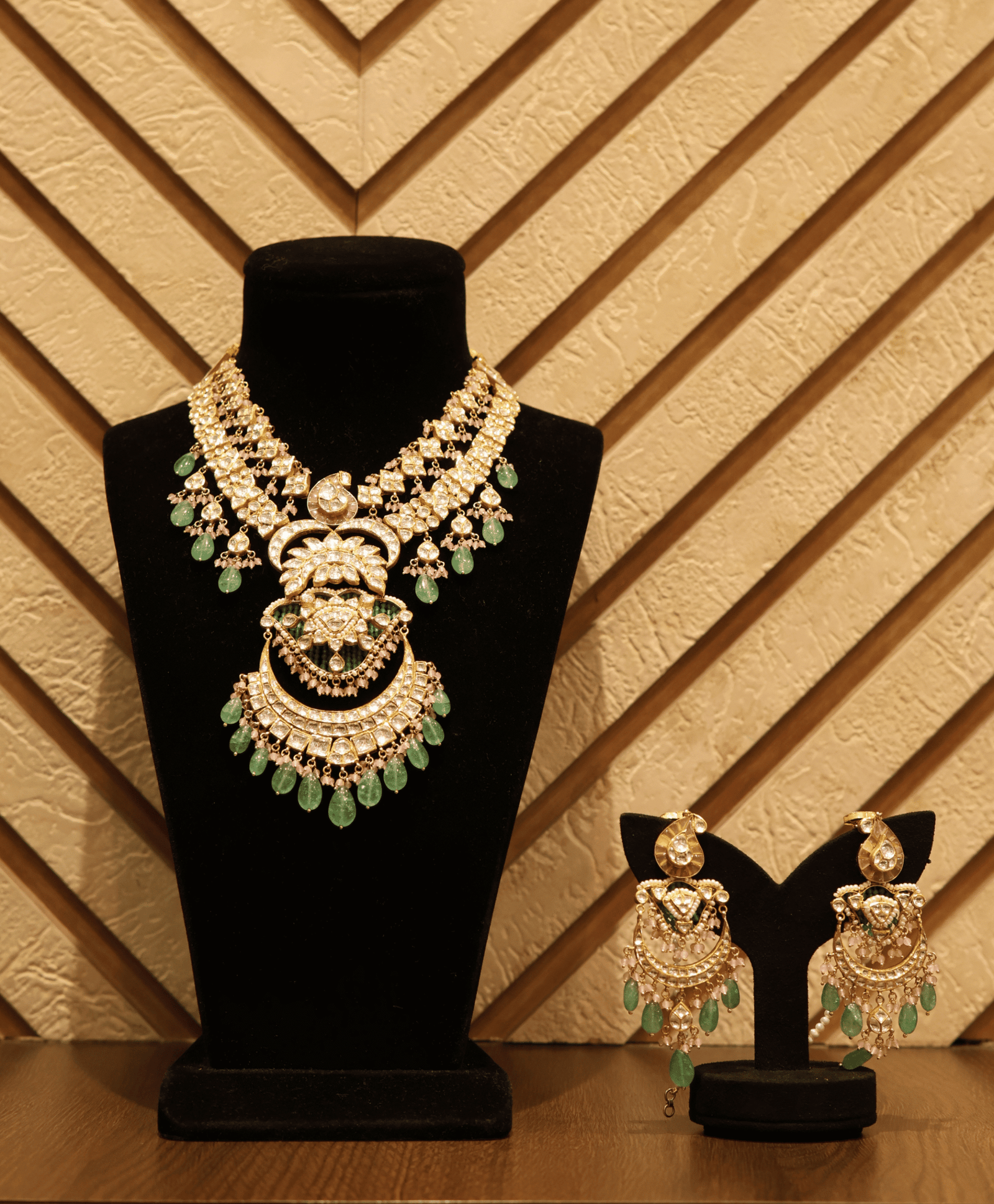 Royal Kundan Bridal Necklace Set with Emerald Drops & Chandbali Earrings