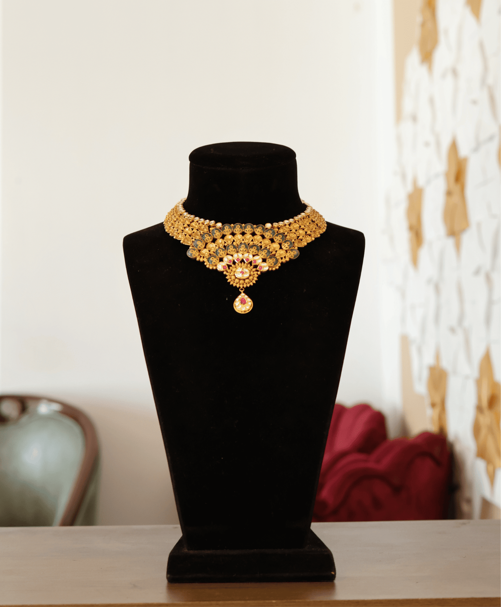 Traditional Gold Choker Necklace with Meenakari Work & Ruby-Kundan Pendant